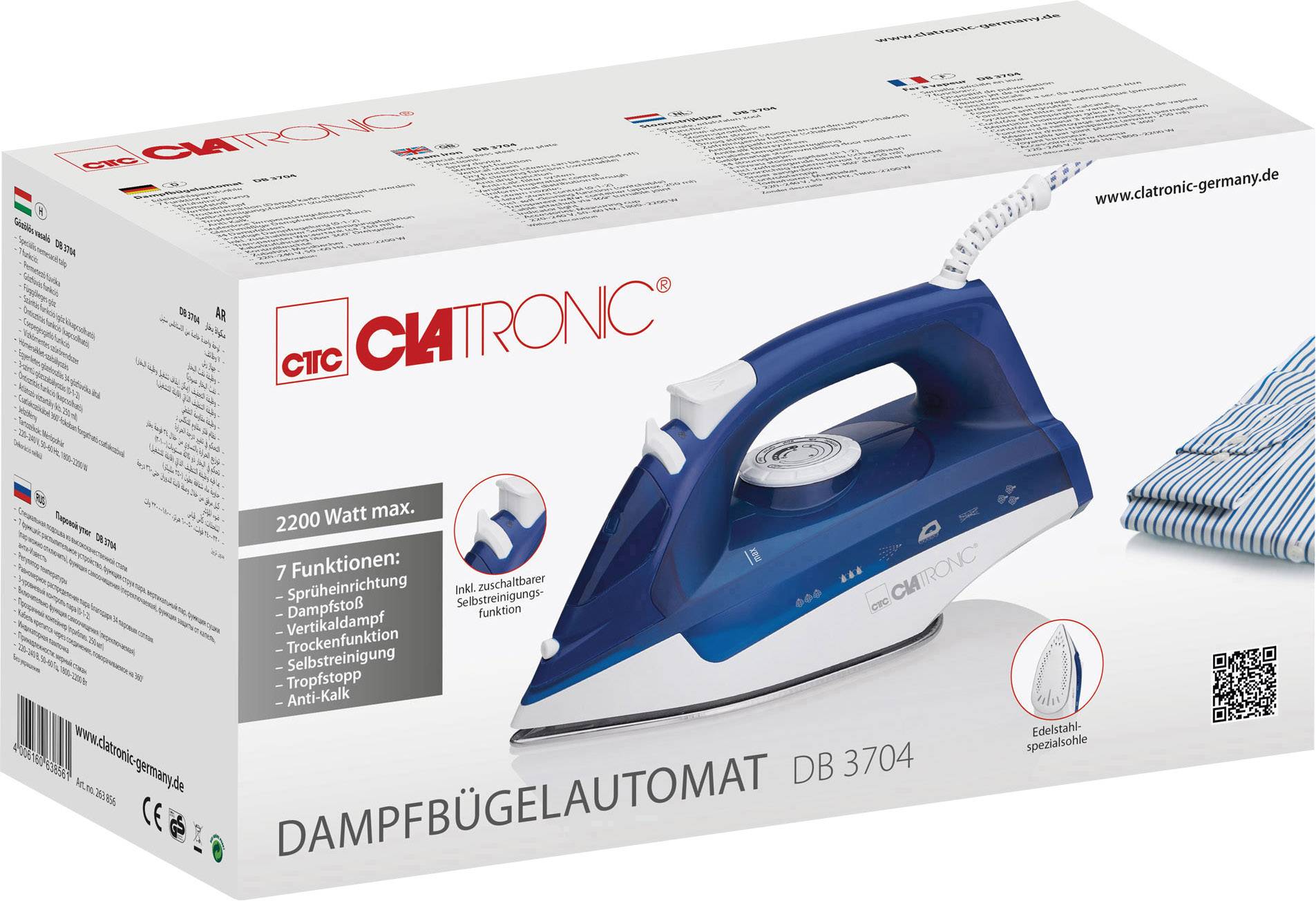 A packaging featuring a blue steam iron by Clatronic, Model DB 3704, with 2200 watts, is pictured. Key functions include spray function, steam burst, and self-cleaning.
