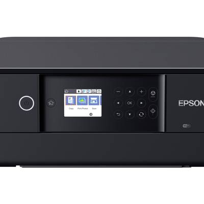 A black printer with a screen in the centre displays options for 'Copy', 'Print Photo' and 'Scan'. To the left is the power button.
