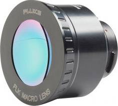 A macro lens with a blue shimmer on the glass surface, labelled 'FLK MACRO LENS', for close-up camera shots.