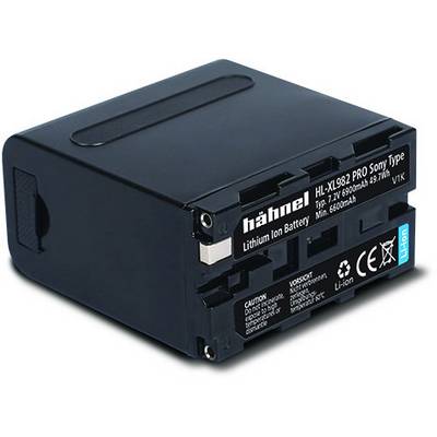 A black Hähnel lithium-ion battery, model 'HL-XL982 PRO Sony Type', with a capacity of 7800mAh, voltage 7.2V.