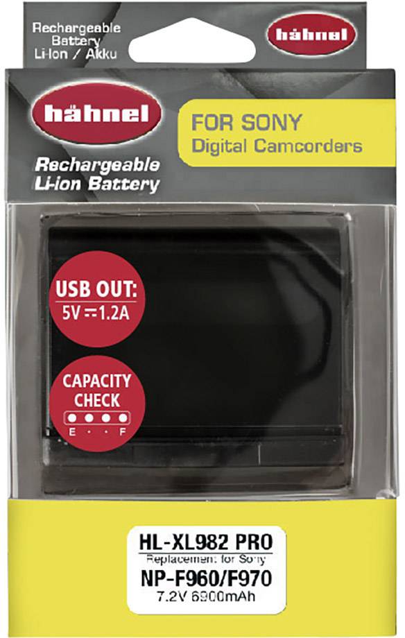 Battery pack for a rechargeable Hähnel Li-Ion battery, compatible with Sony digital cameras. USB output 5V = 1.2A. Includes capacity indicator.