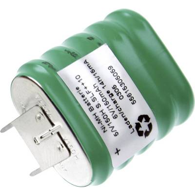 A green NiMH rechargeable battery with two connection pins, label showing '5V 60h 150mAh', recycling symbol, and charging instructions.