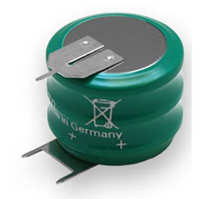 Green cylindrical capacitor with metal contacts on top and bottom. Inscription 'Made in Germany'.