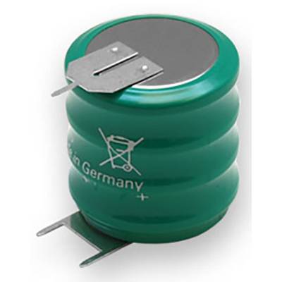 Green capacitor with two metal terminals and inscription 'Made in Germany', showing polarity with plus and minus signs.