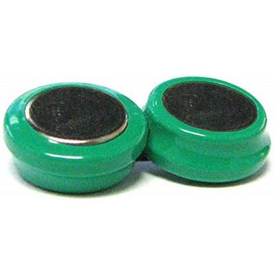 Two green magnetic buttons with a metallic surface are lying side by side.
