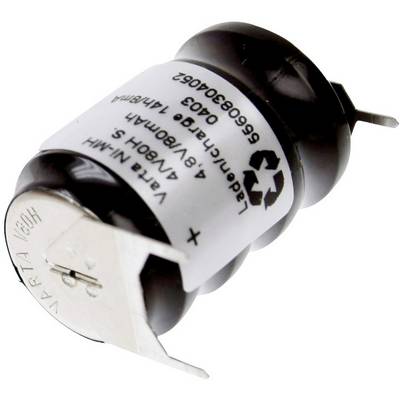 A silver cylindrical battery with a black plastic casing and white labels. Brand: Varta. With soldering tabs for mounting.