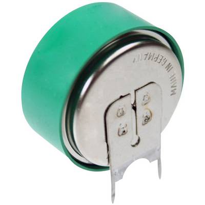 Green, round button cell battery with a metal top surface and two metal contacts on the back, commonly used in electronic devices.