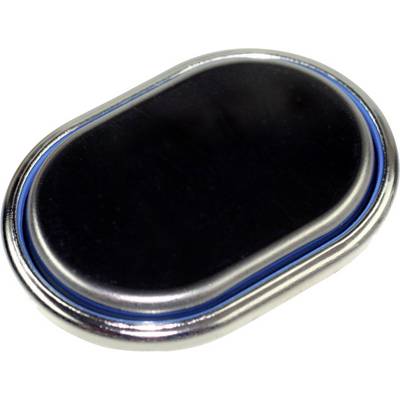 An oval, metallic and dark button with a blue border, possibly a battery cover or similar component.