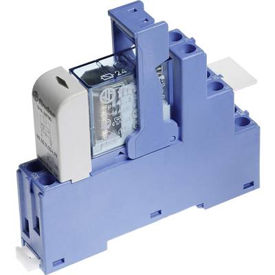 'Blue relay housing with transparent cover area, revealing internal mechanism. Suitable for mounting on DIN rails.'