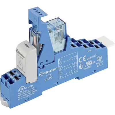 Electrical Component: Finder relay in a blue housing. Multiple connection options, technical markings, and certifications are visible.
