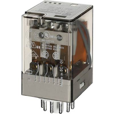A transparent electromagnetic relay with metallic terminals and labelling shows various safety and quality indicators.
