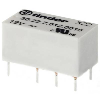 A Finder rectangular relay with the marking '30.22.7.012.0010'. It has five metal pins and is designed for 12V.