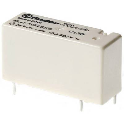 A white relay with the inscription 'Finder' and performance information: '24 V', '10 A 250 V~'. It has four connection pins.