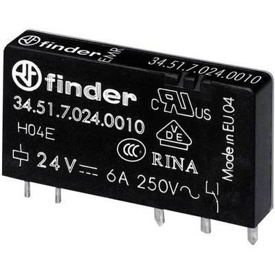 Electrical relay labelled 'Finder 34.51.7.024.0010', specified as 24V, 6A, 250V~, CE marked.