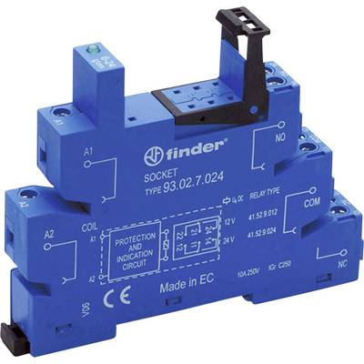 'Blue finder socket type 93.02.7.024 with protective and indicator switching. For relays 12V, 10A/250V. Manufactured in EC.'