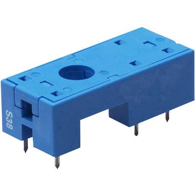 Blue electronic connector with four metal pins at the bottom for mounting purposes. Suitable for electronic circuits.