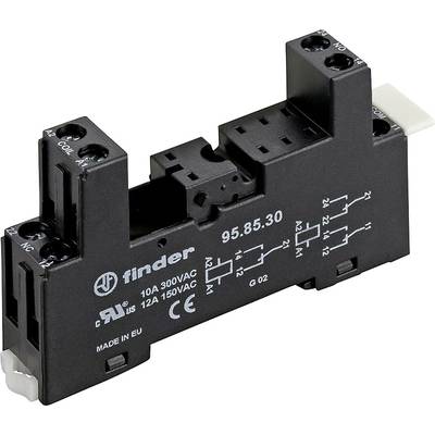 A black Finder relay socket with the inscription '95.85.30'. Suitable for 300VAC, 10A. Symbols and specifications are printed.