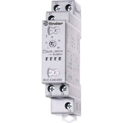 A finder time-delay relay for electrical controls, with adjustable timer (0.1-20s), operated at 24-240V AC/DC, 8A at 250V.