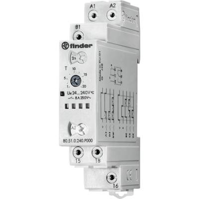 'Finder 80.51.0.240.P000' time-delay relay with circuit diagrams on the front, voltage-controlled 24-240V AC/DC, max. 8A, DIN rail mounting.