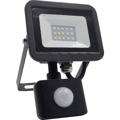 A black LED floodlight with a motion sensor, suitable for outdoor lighting. Energy-saving design with multiple LED lights.