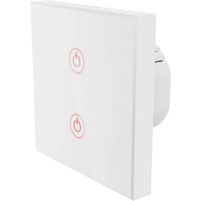 White touch light switch with two red on/off symbols. Minimalist design, rectangular, suitable for wall mounting.