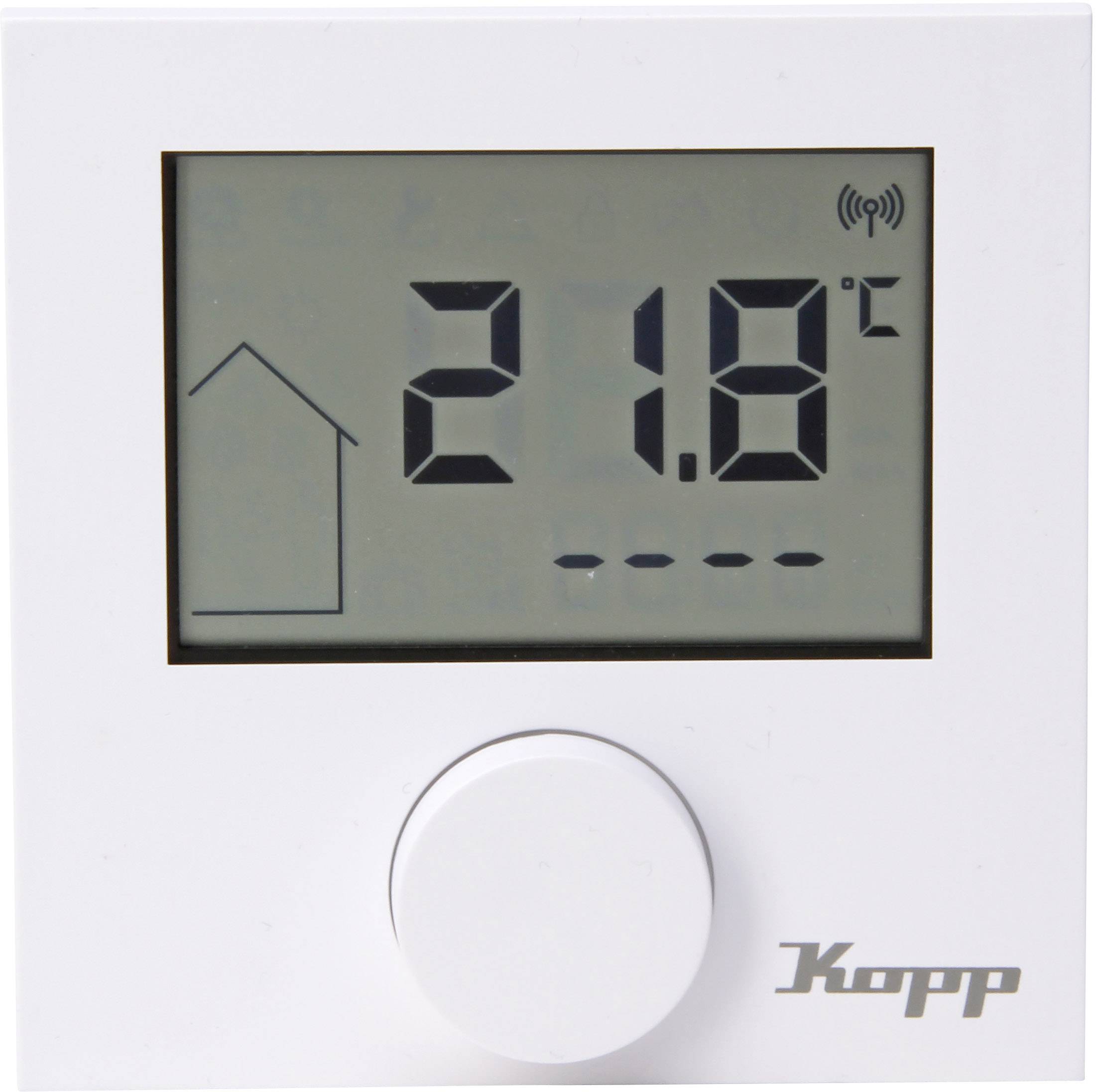 A white room thermostat displays 21.8 degrees Celsius. A house icon is on the left, and a row of four dots is at the bottom.