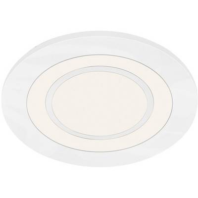 Round ceiling light with a modern, minimalist design. Predominantly white, with an inner circle emitting warm, soft light.