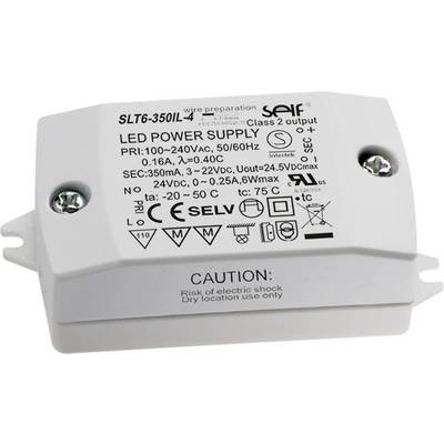 An LED power supply with model number SLT6-350IL. It features input and output voltage specifications, warning notices, and certification logos.