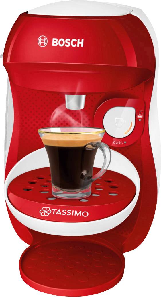 A red capsule coffee machine with a filled glass of coffee on the countertop. Brand logo visible at the top.