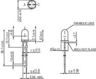 Technical drawing of an LED: shows dimensions and details such as parabolic lens and contact area. Relevant for technical specifications.