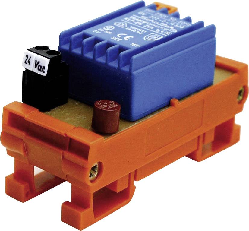 An orange and blue electrical unit with a 24 Vac connection mounted on a bracket, possibly a transformer for industrial applications.