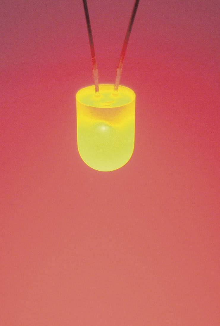 A bright red LED light hanging against a red background, suspended by two visible wires.