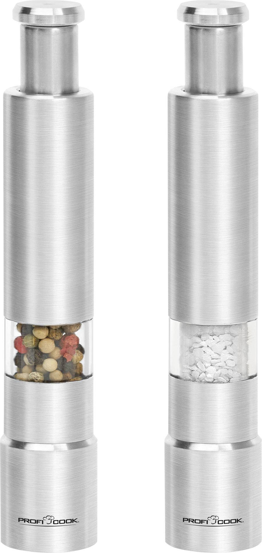 Two stainless steel spice mills; one with peppercorns, the other with coarse salt. Both have a transparent viewing window.