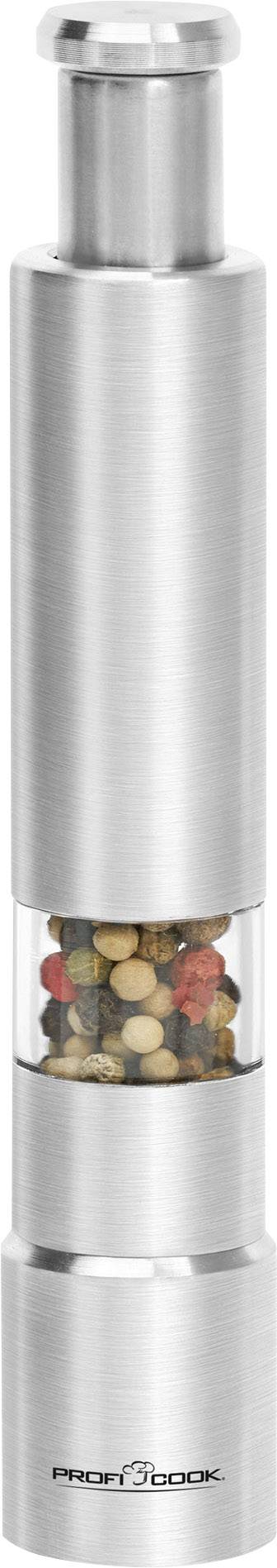 Silver metal spice mill with a transparent middle section, filled with colourful pepper.