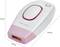 A handy IPL hair removal device by ProfiCare in white and pink with start button and indicator lights. Size: 139 x 80 x 47 mm.