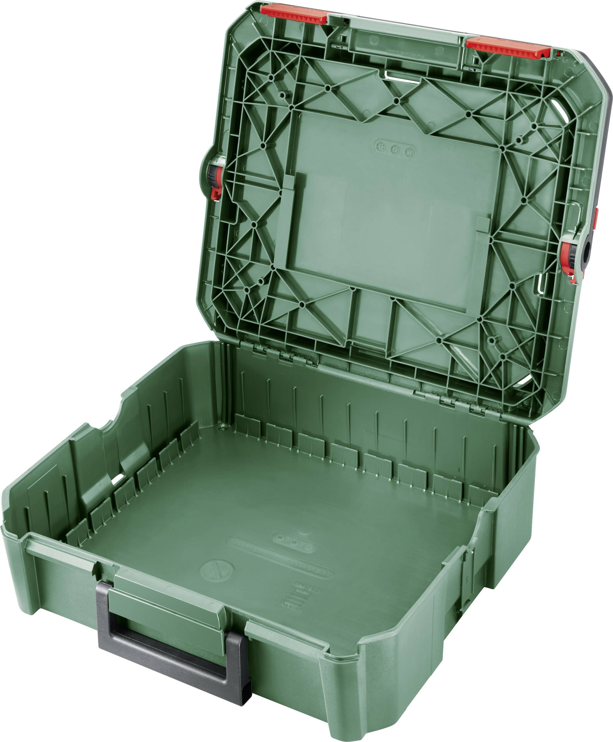 Green plastic tool case with open lid, square in shape, with a black carrying handle at the front.
