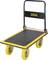 Black and yellow transport trolley with four yellow wheels, suitable for transporting heavy items.