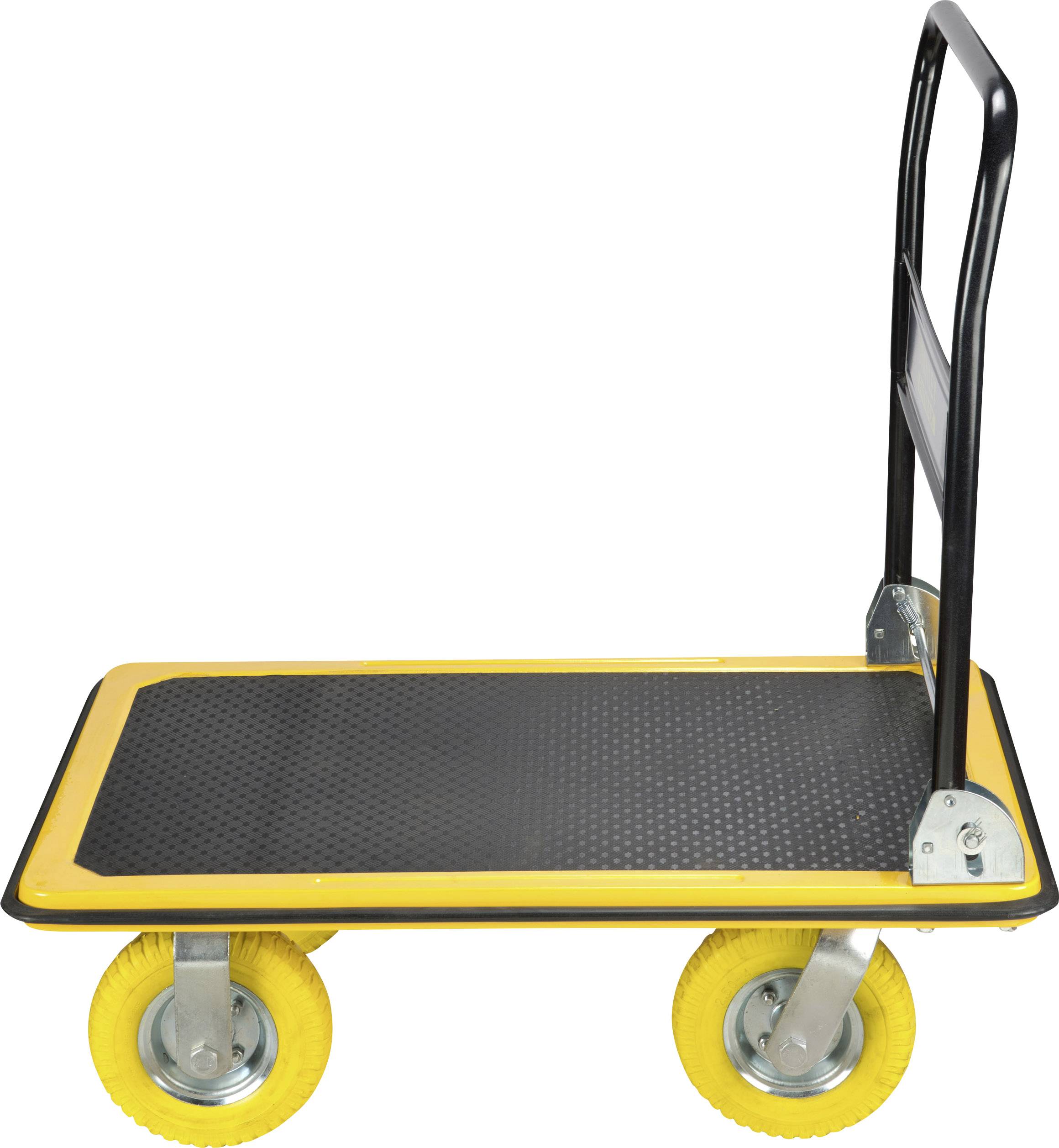 A black transport trolley with yellow wheels and yellow rim, suitable for moving heavy items.