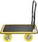 A black transport trolley with yellow wheels and yellow rim, suitable for moving heavy items.