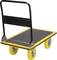 A yellow transport trolley with four yellow wheels and a black platform, ideal for transporting heavy items.