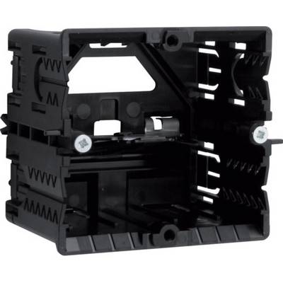 Black plastic housing for electrical installations, cubic in shape with open sides and mounting screws.