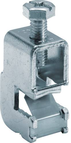 Metal clip with screw for mounting on a rail, suitable for electrical installations and mechanical applications.