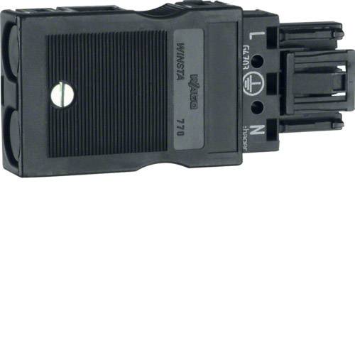 A black electrical connector with the inscription 'WAGO 770', showing L and N inputs for electrical connections.