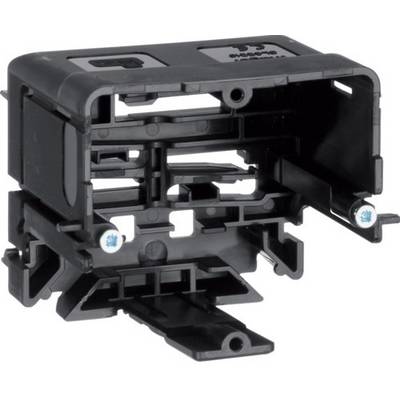 A black plastic enclosure with an open structure and multiple fastened screws, possibly part of a mechanical system.