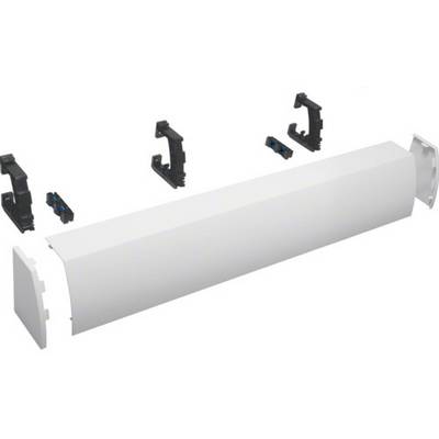 A white, rectangular trunking system with removable covers and multiple black mounting brackets for wall attachment.