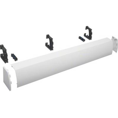 A white cable trunking with end caps and mounting brackets. The brackets are symmetrically positioned on both sides of the trunking.