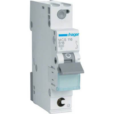 A grey circuit breaker by Hager, model MCS 116 B16, shows the toggle switch in the "ON" position.