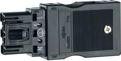 A black electrical multi-pin connector with several terminals and markings, commonly used in industrial applications.