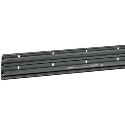 Metal trunking for electrical installations, black, with multiple fixing holes evenly distributed along the entire length.