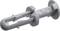 Grey plastic cavity wall anchor with a round head and two lateral flanges for securing light objects to walls.